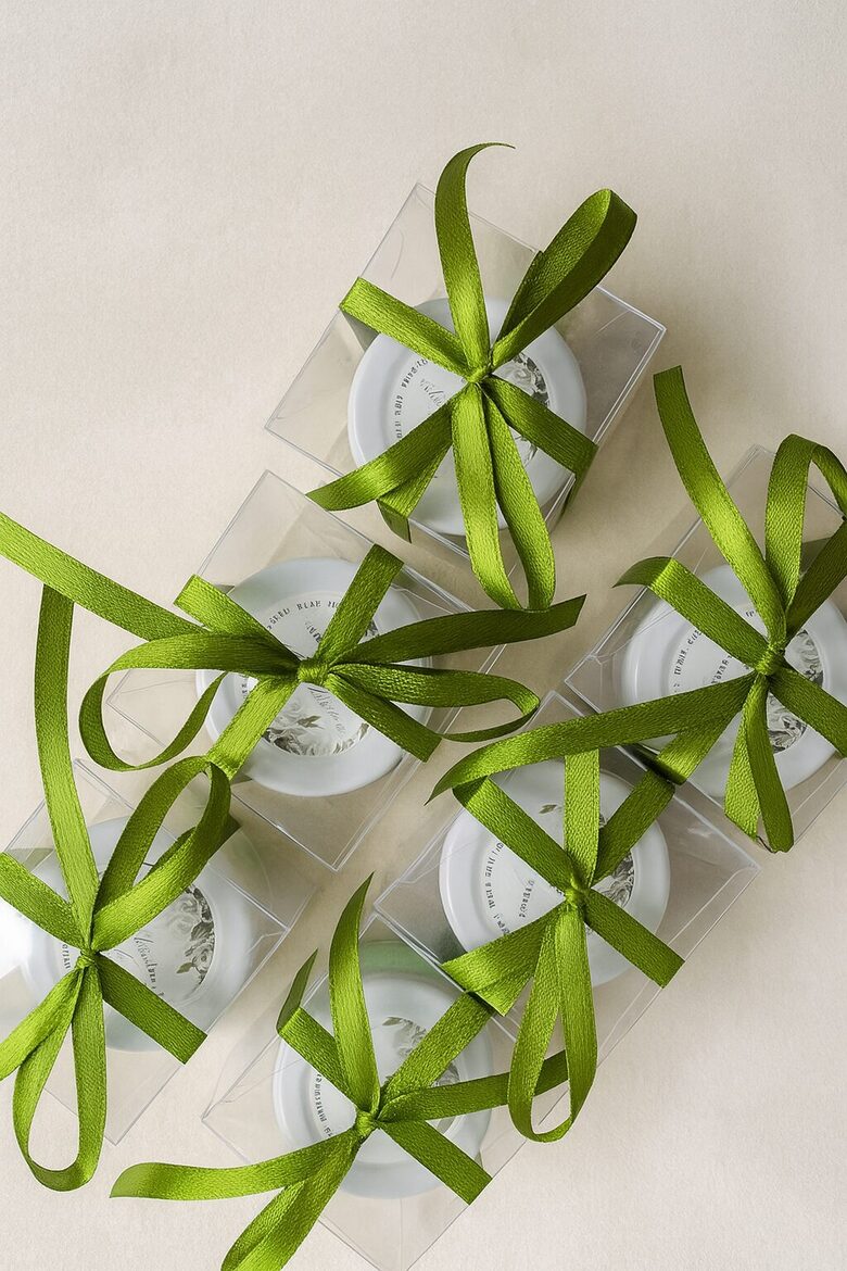 Personalizētas kāzu sveces viesiem burciņā ar zaļu satīna lentīti